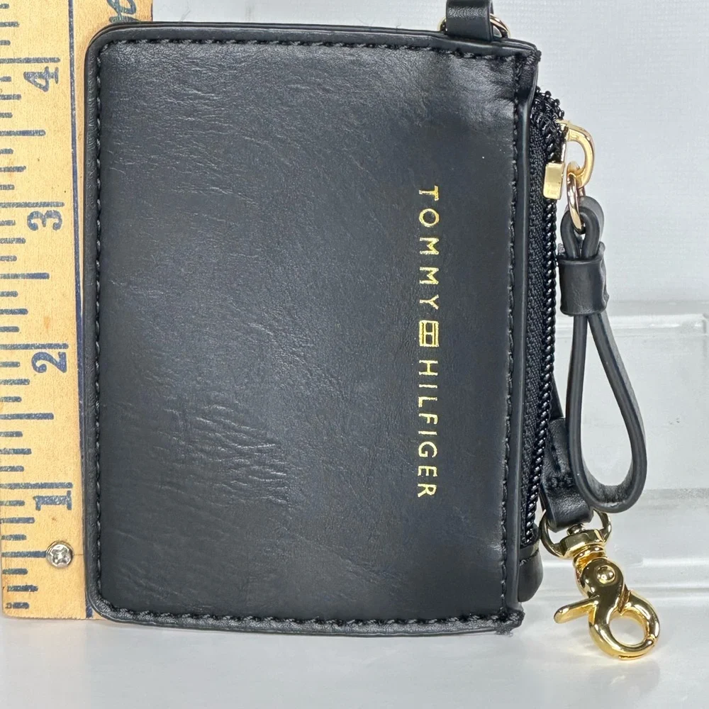 Tommy Hilfiger Coin Purse Black Faux Leather‎ Gold Letter Logo